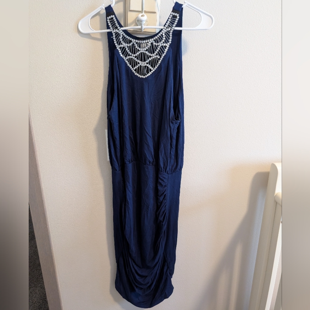 Venus Women's Large Navy Blue Long Dress Gems Sleeveless Scoop Neck Event Party